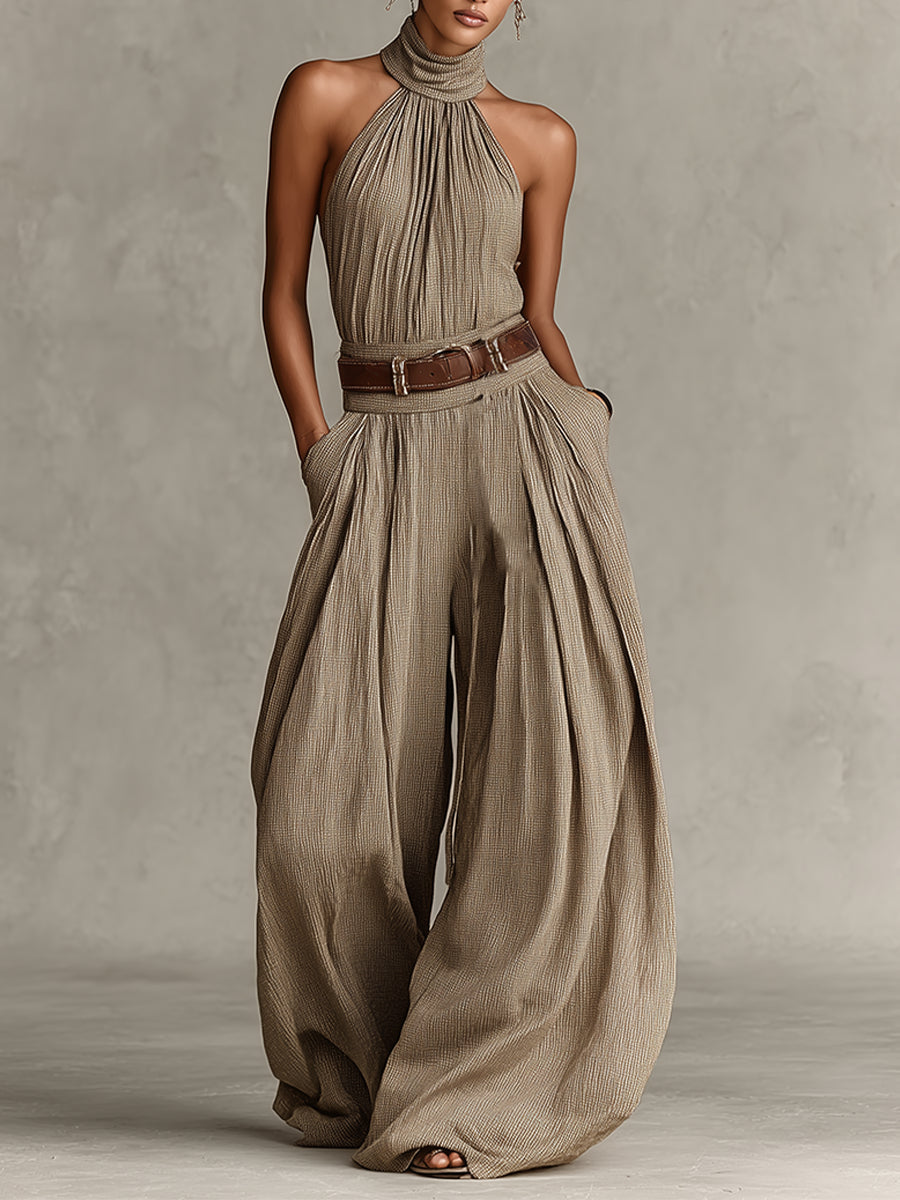 Monokini a gamba larga color tortora con scollo all'americana in stile boho