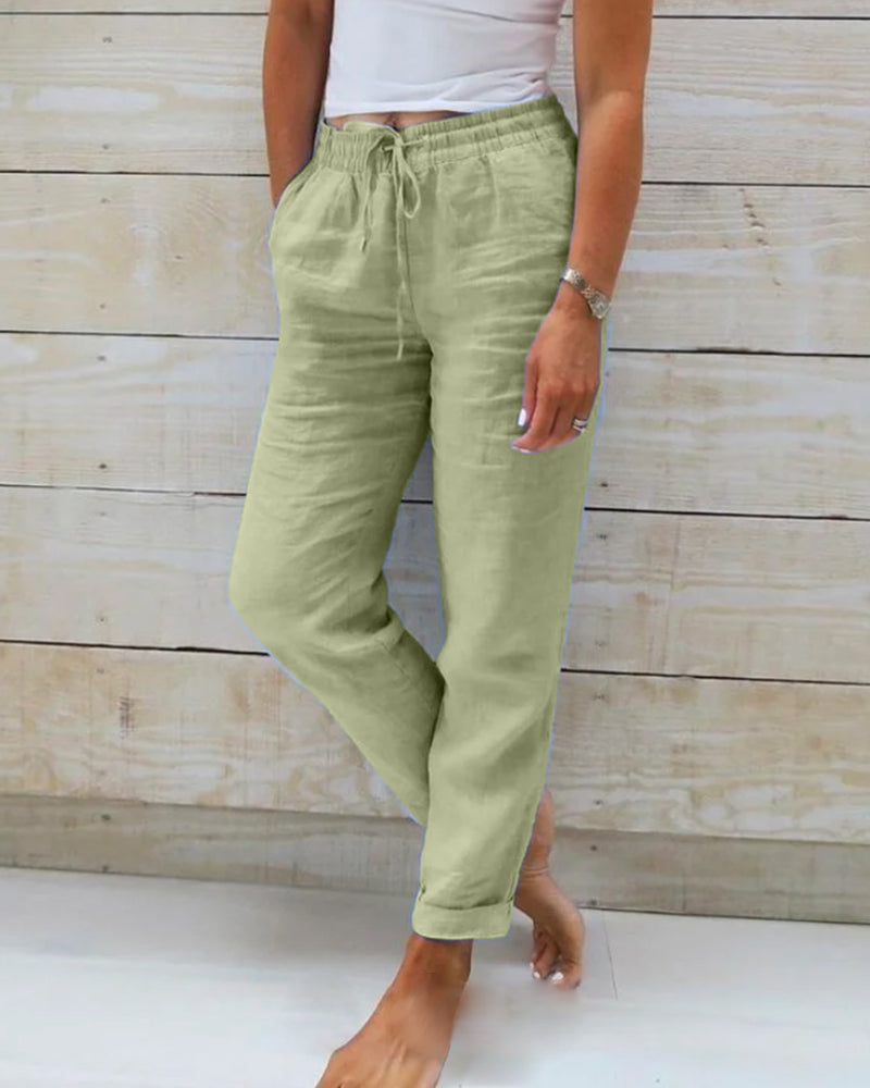 Pantalon droit décontracté en coton et lin