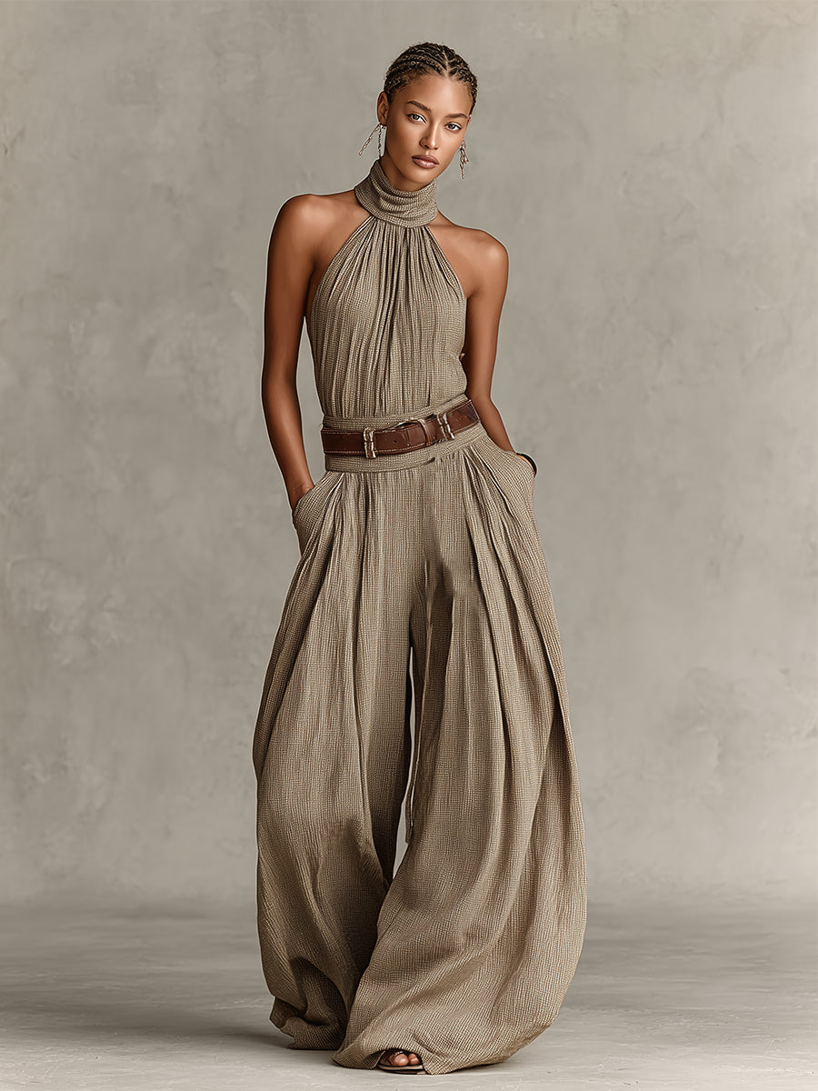 Monokini a gamba larga color tortora con scollo all'americana in stile boho