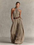 Monokini a gamba larga color tortora con scollo all'americana in stile boho