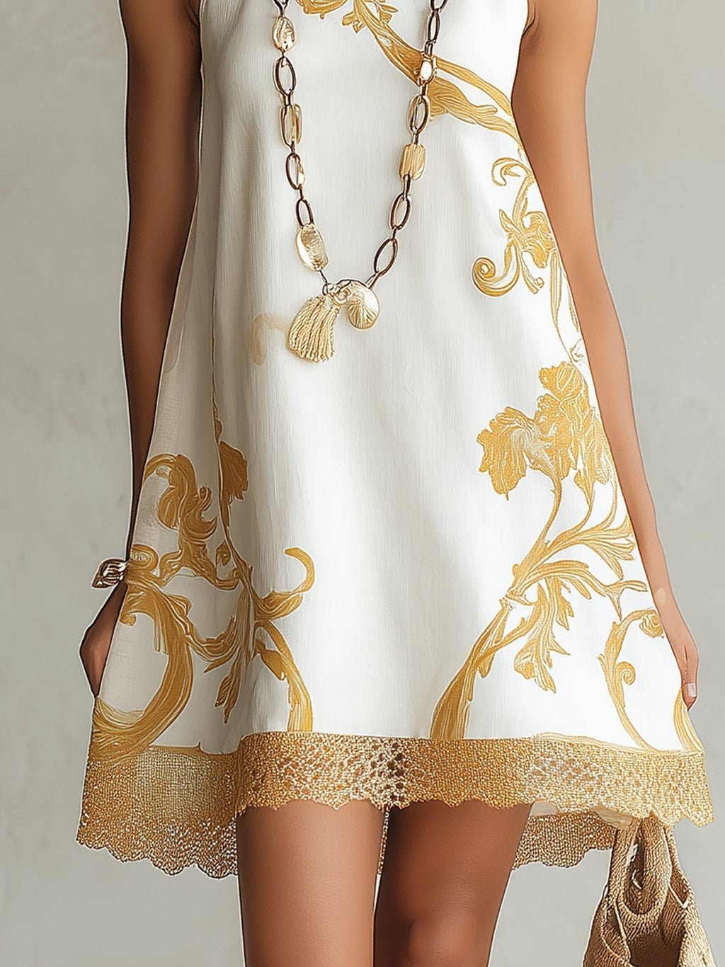 Minivestido de encaje blanco con motivos dorados