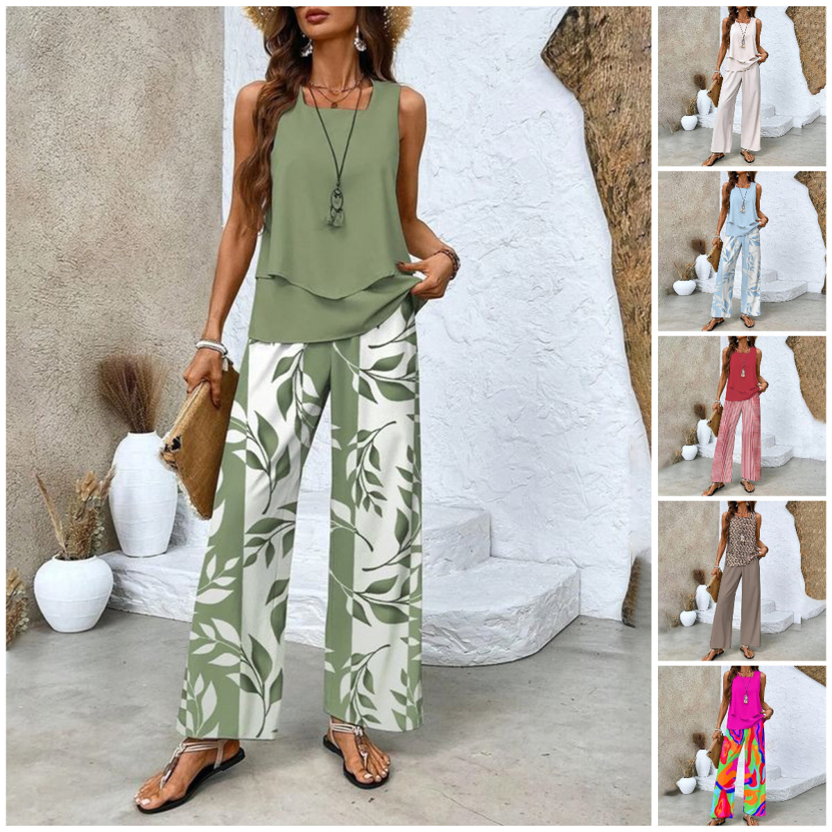 Conjunt estampat: top sense mànigues i pantalons