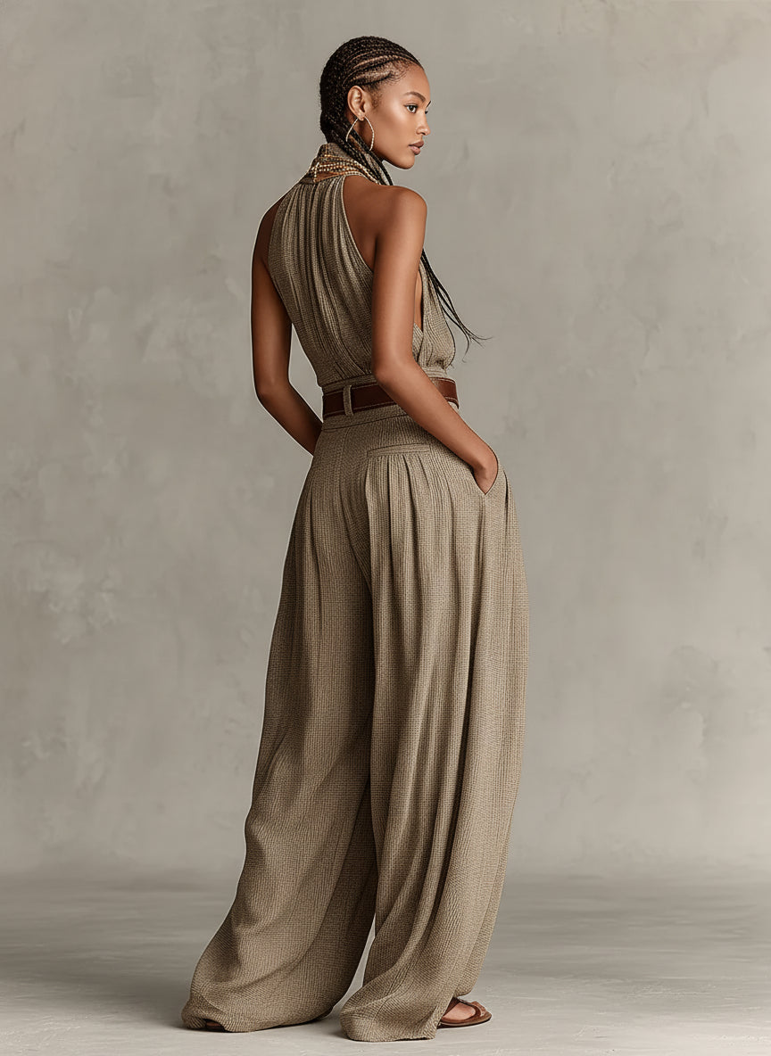Monokini a gamba larga color tortora con scollo all'americana in stile boho