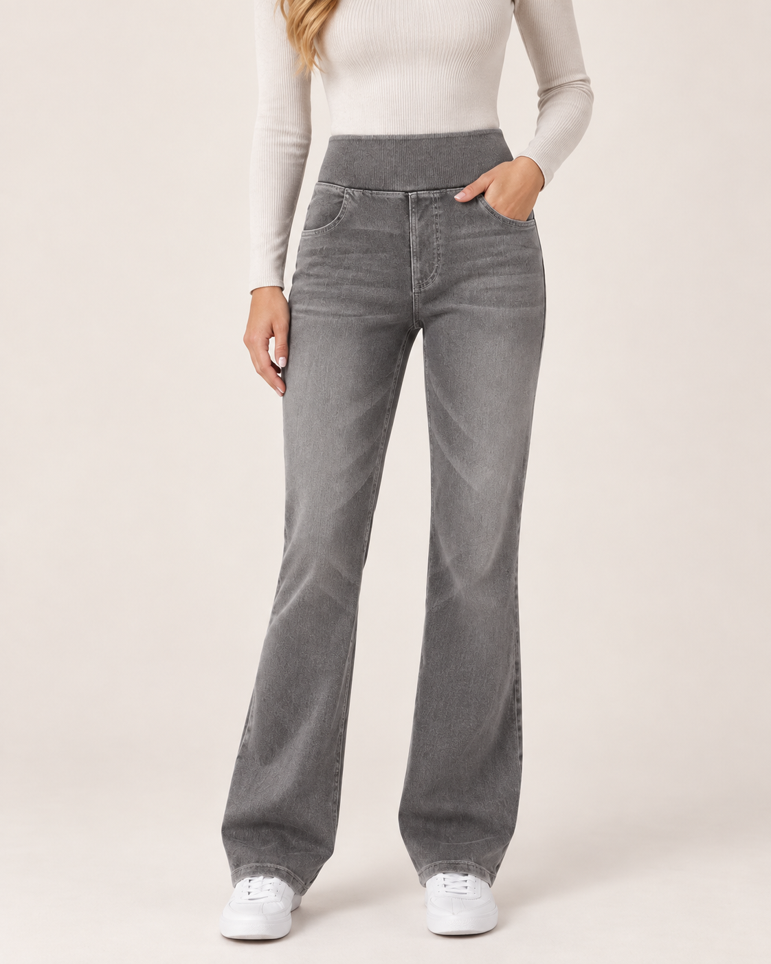Bootcut-jeans i vasket denim med høyt liv