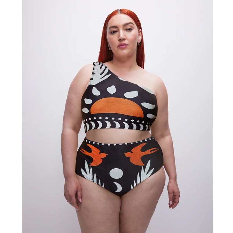 Costume da bagno bikini a spalla scoperta con vita alta e pantaloncini o gonna