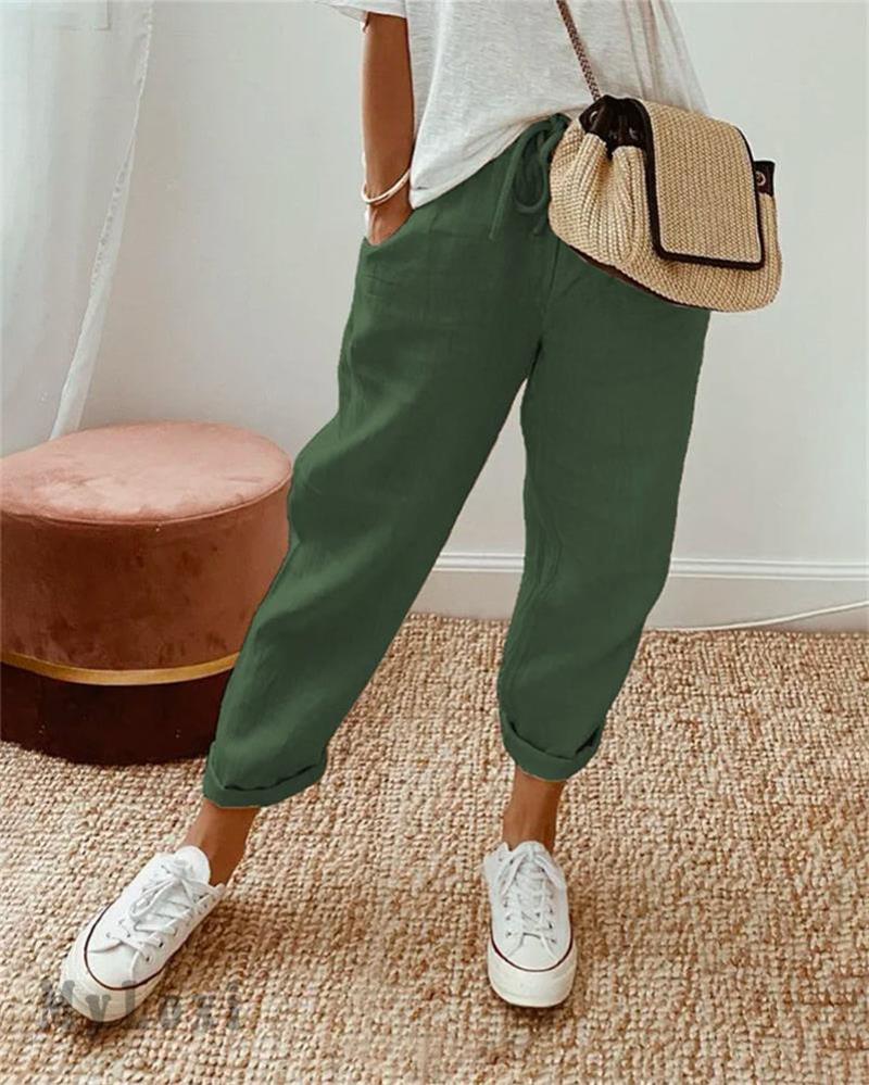 Pantalon décontracté en coton et lin pour femme