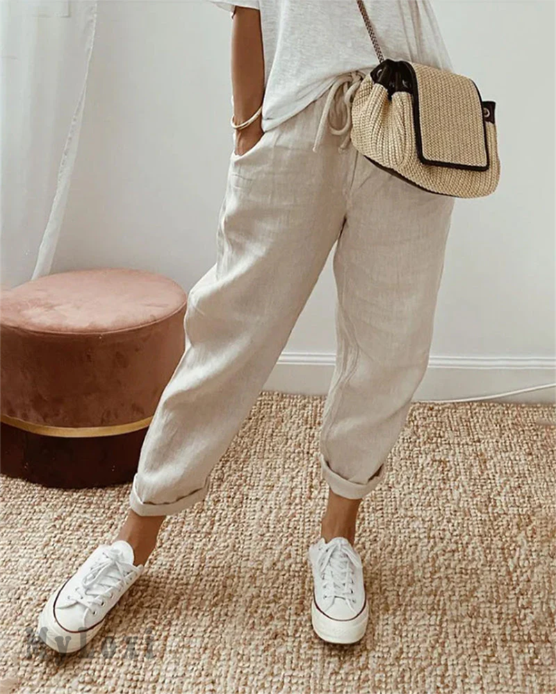 Pantalons casuals de cotó i lli per a dona