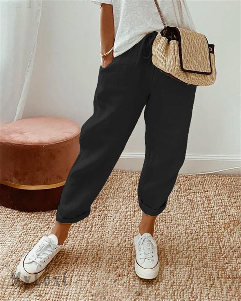 Pantalon décontracté en coton et lin pour femme