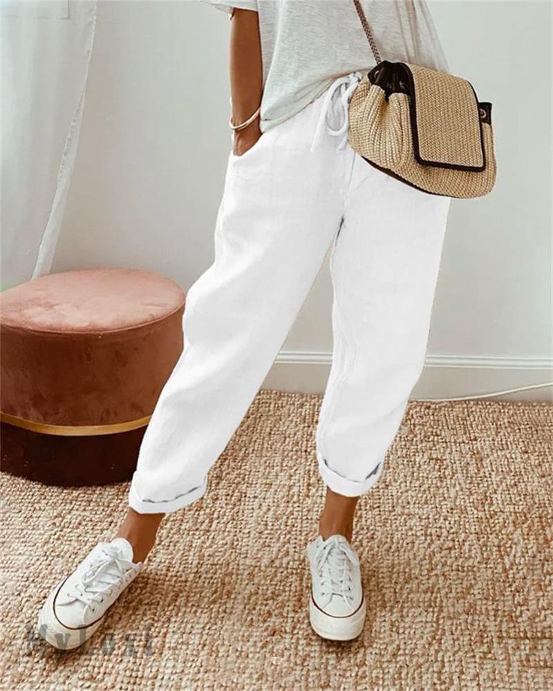 Pantalon décontracté en coton et lin pour femme