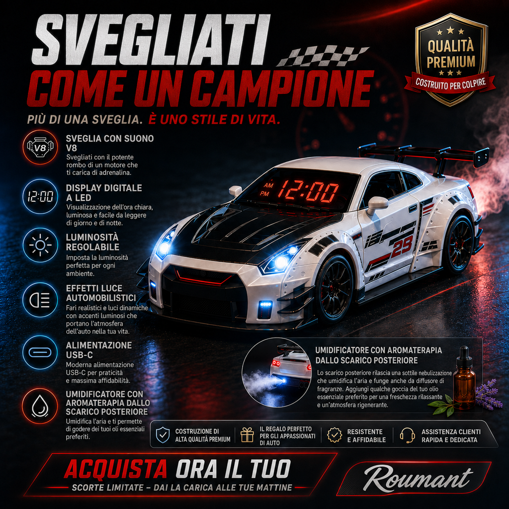 Sveglia auto sportiva con suono del motore V8 e umidificatore