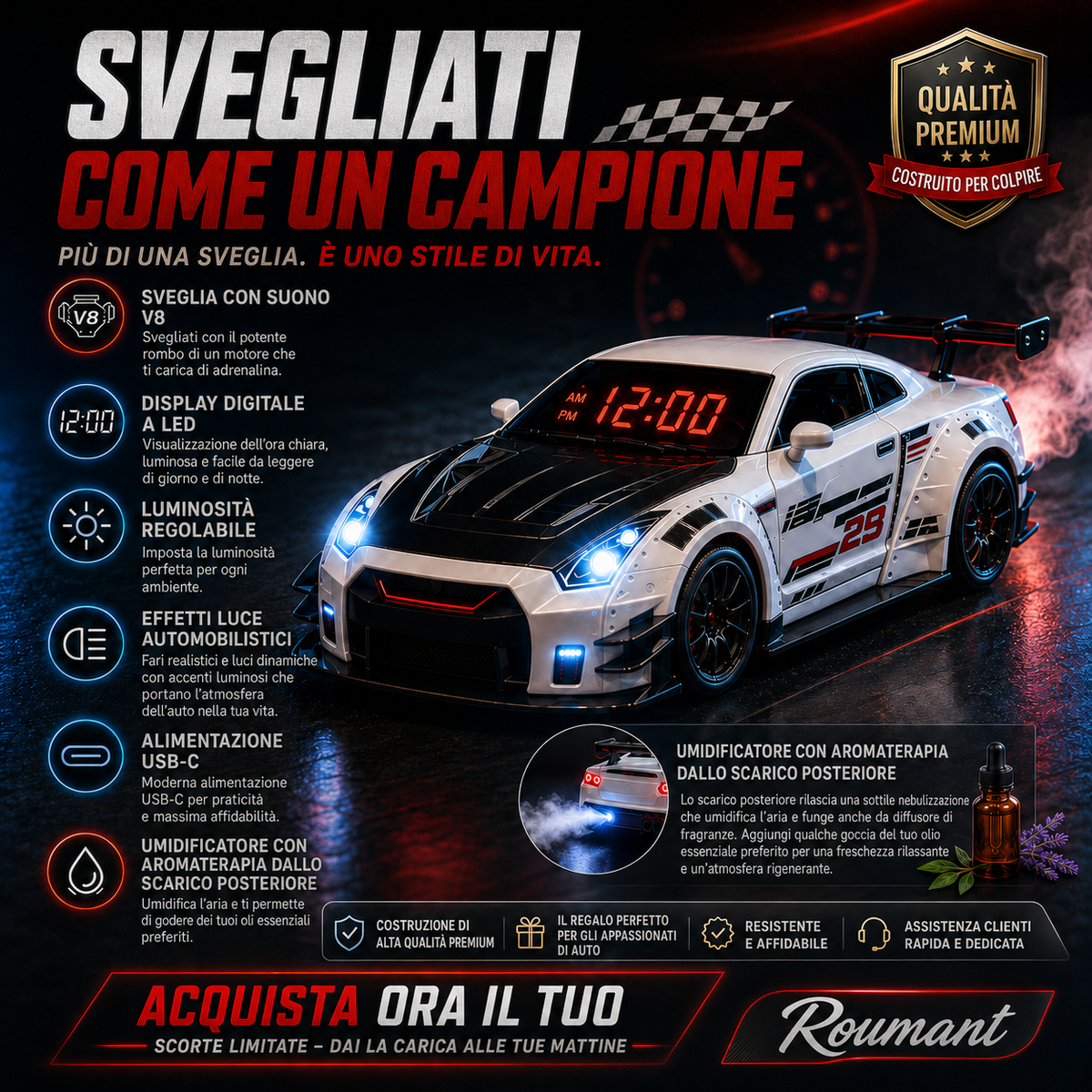 Réveil voiture de sport son moteur V8 avec humidificateur