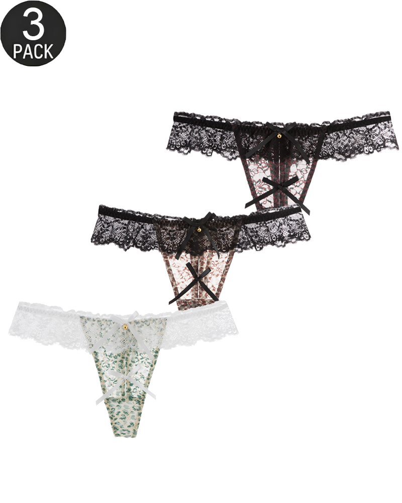 Lot de 3 strings sexy à imprimé léopard, bordure en dentelle et ornements en forme de cloche