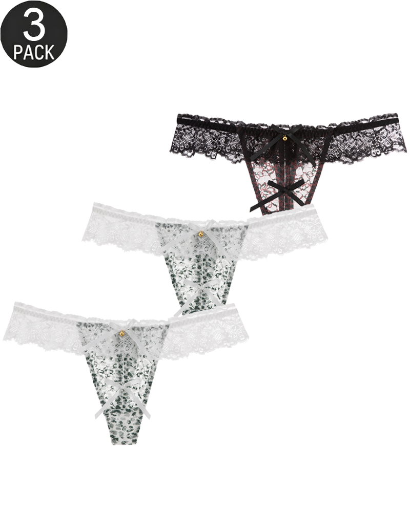 Lot de 3 strings sexy à imprimé léopard, bordure en dentelle et ornements en forme de cloche