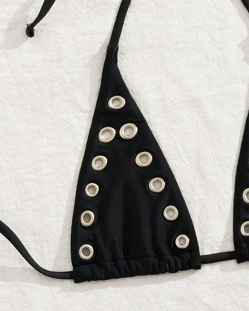 Conjunto de bikini halter sexy para vacaciones en la playa con anillo de metal dorado