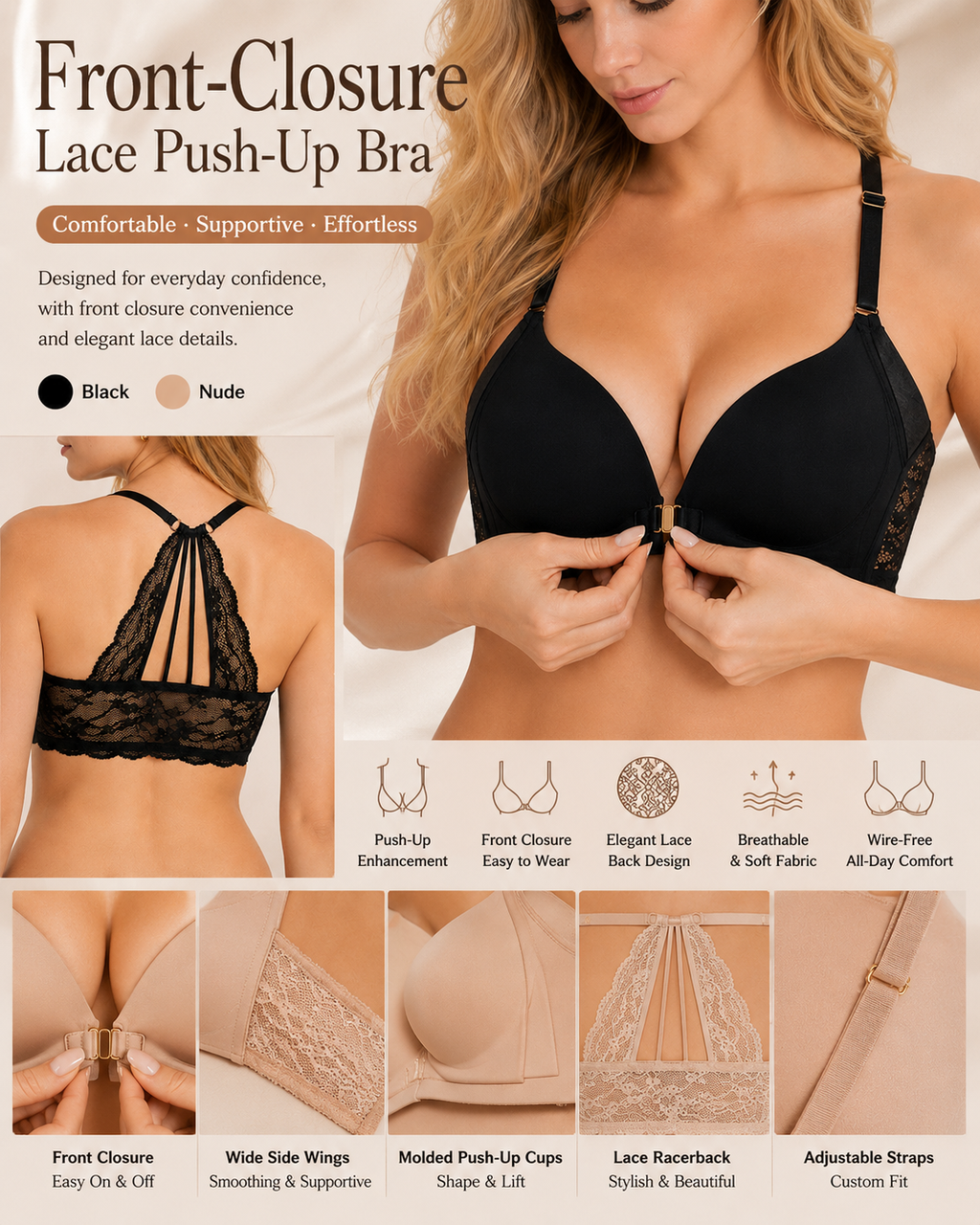 Sexy sømløs push-up-BH med frontlukking, uten bøyle, og blonderygg
