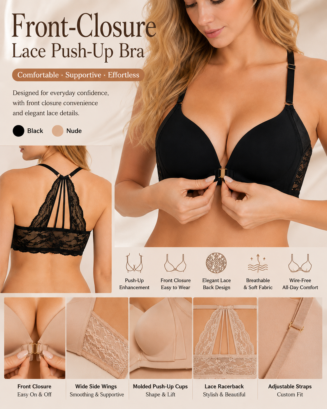 Sexy sømløs push-up-BH med frontlukking, uten bøyle, og blonderygg