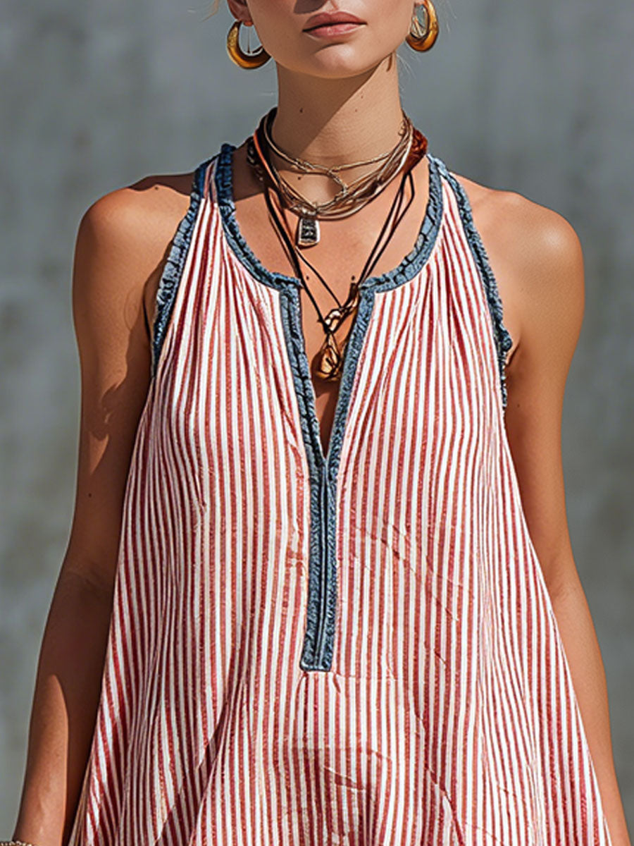 Minivestido de rayas sin mangas con volantes y cuello redondo