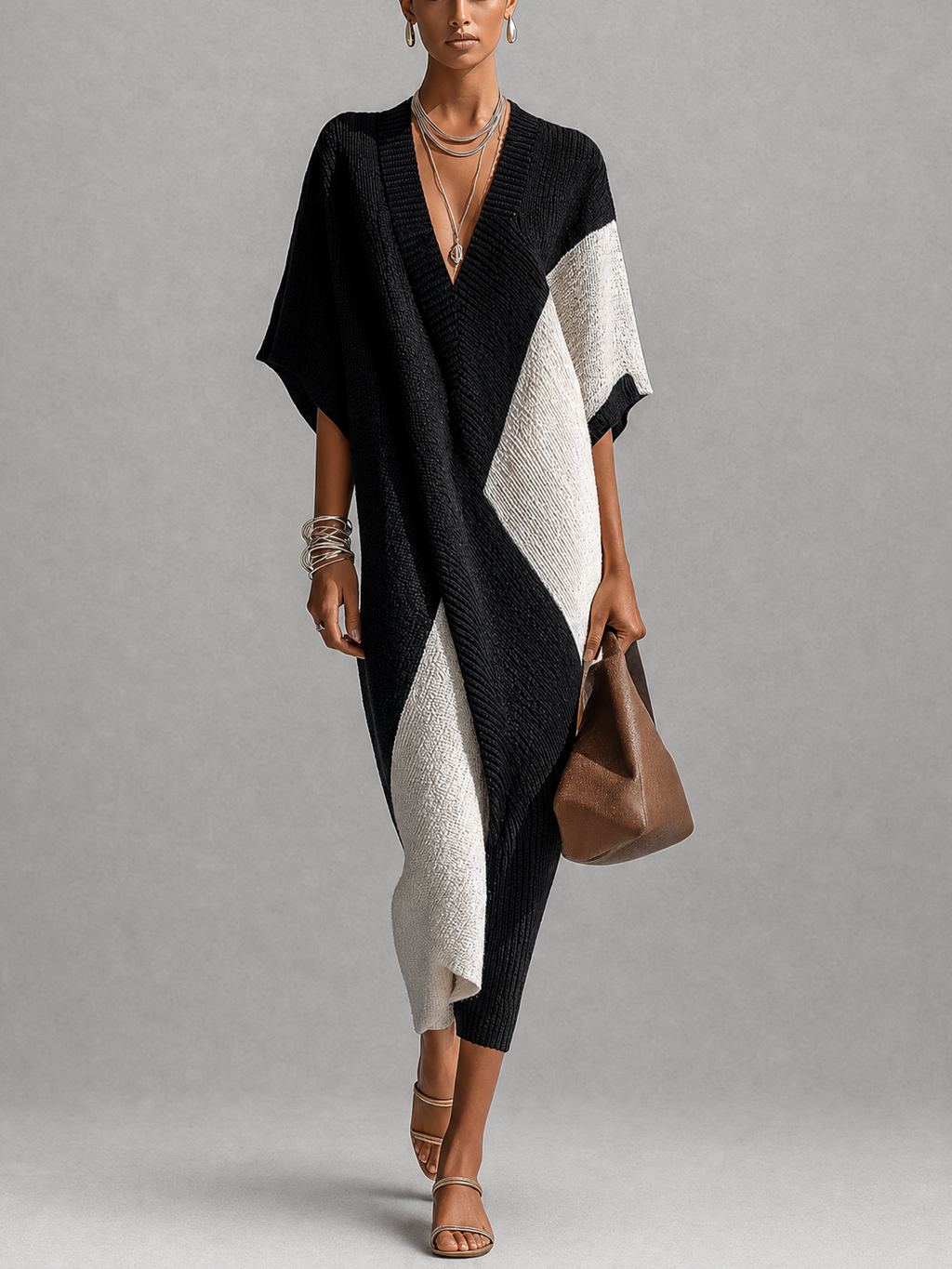Vestito midi in ebano e avorio