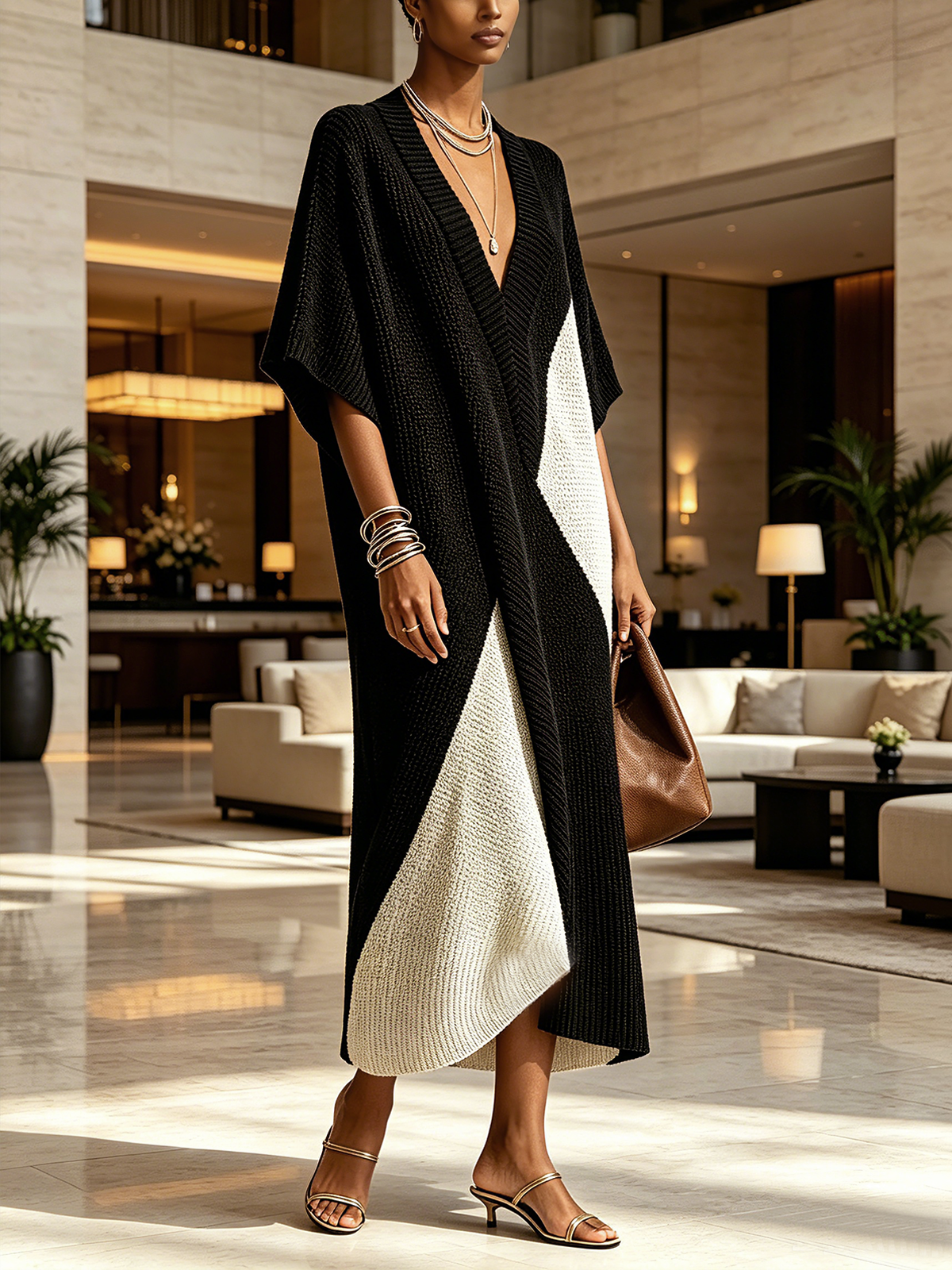 Vestito midi in ebano e avorio