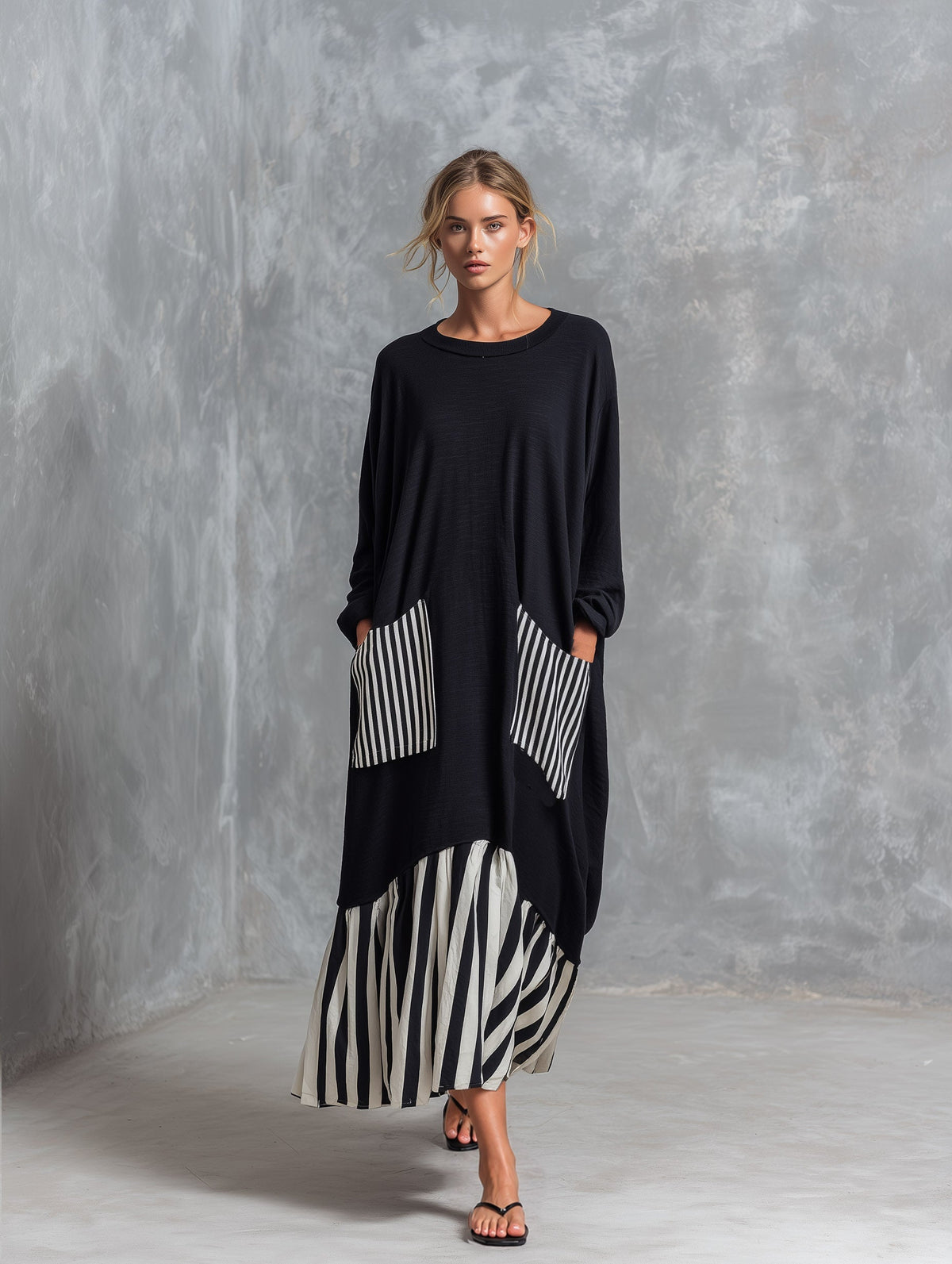 Vestido largo oversize de algodón negro con rayas