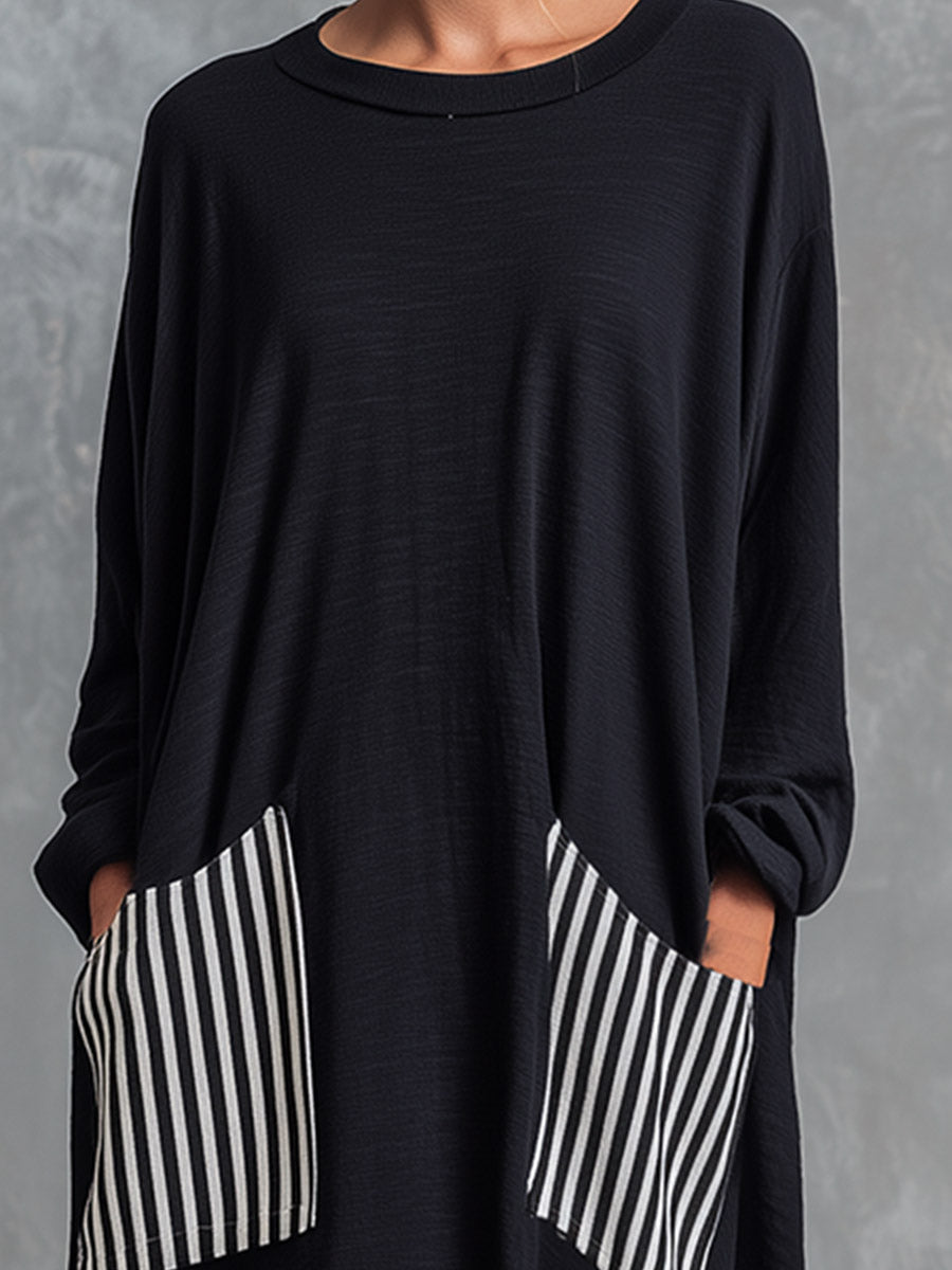 Vestido largo oversize de algodón negro con rayas