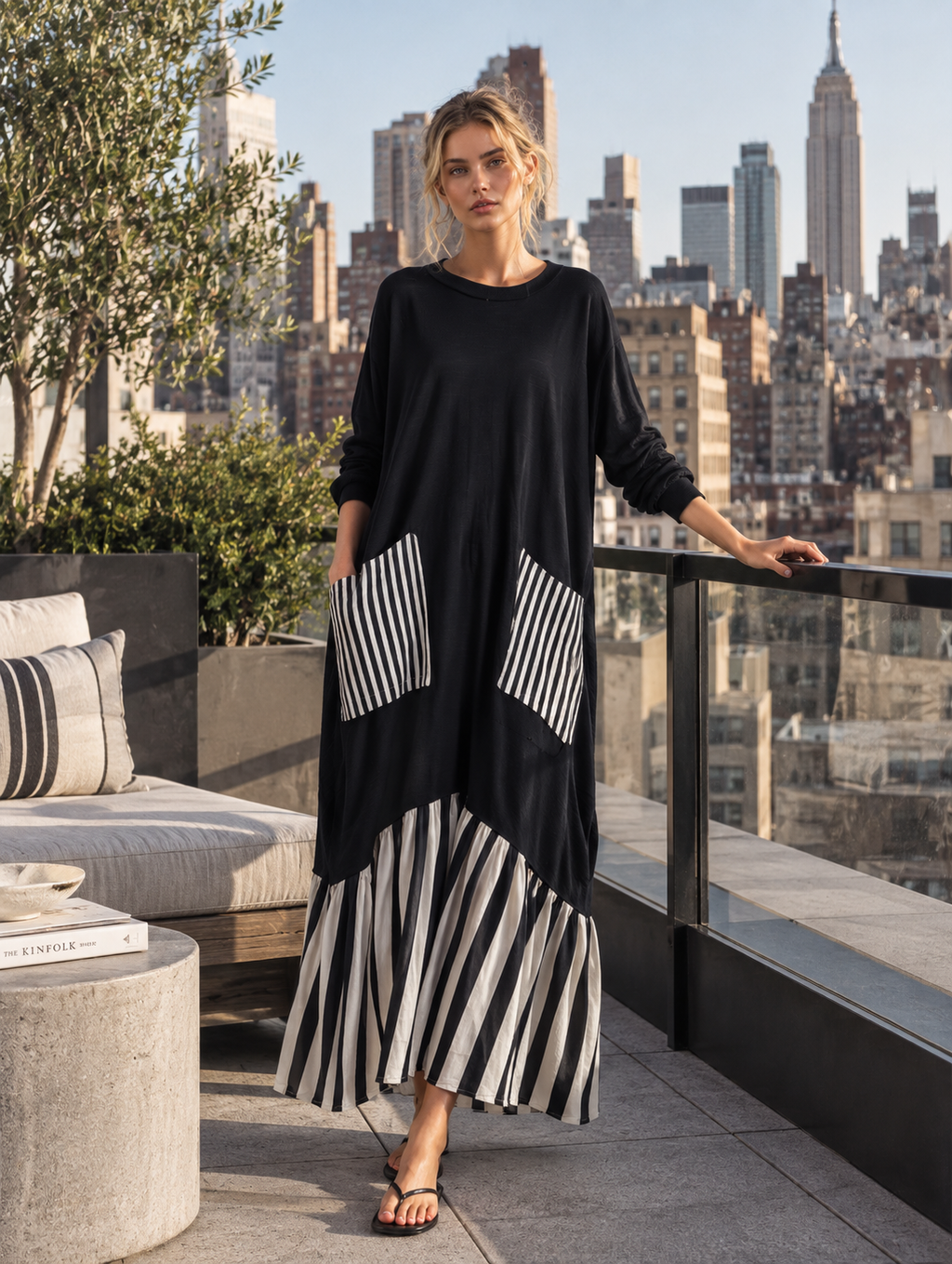 Vestido largo oversize de algodón negro con rayas