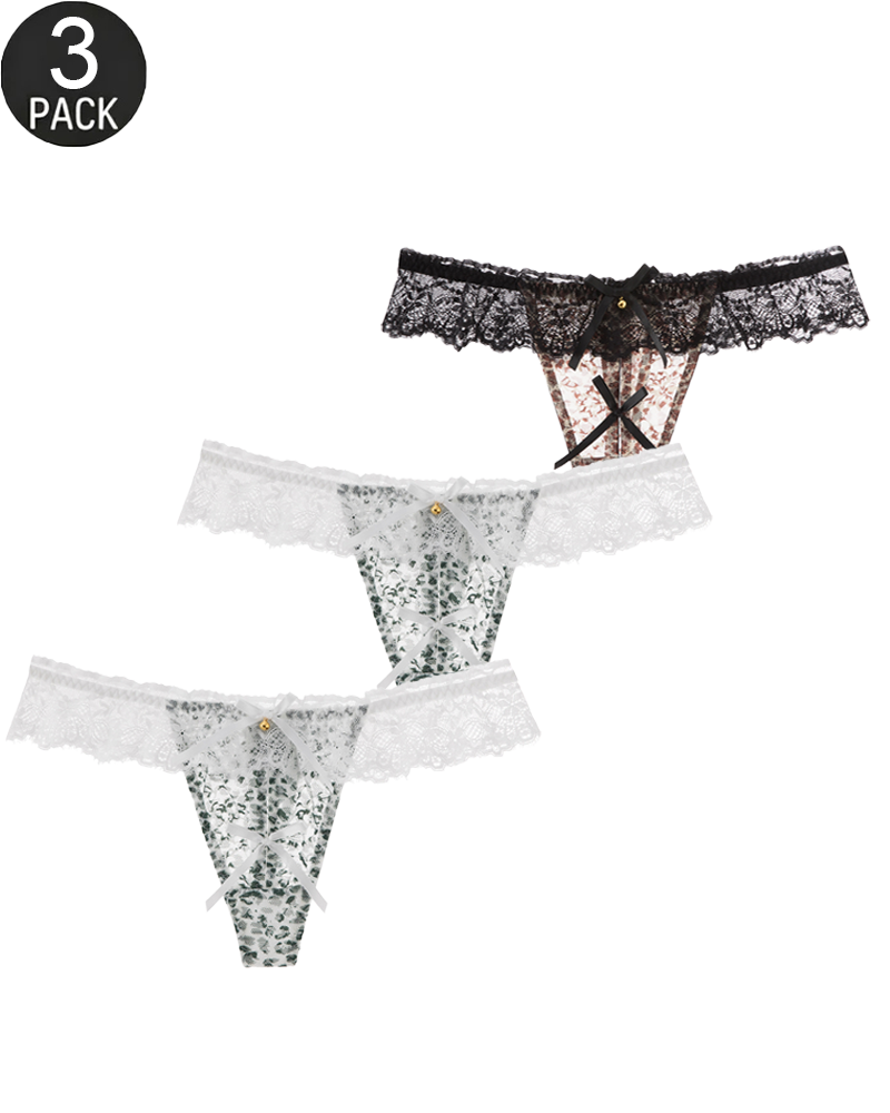 Lot de 3 strings sexy à imprimé léopard, bordure en dentelle et ornements en forme de cloche