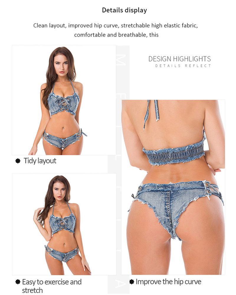 Sexy damebikinisett i denim med snøring foran