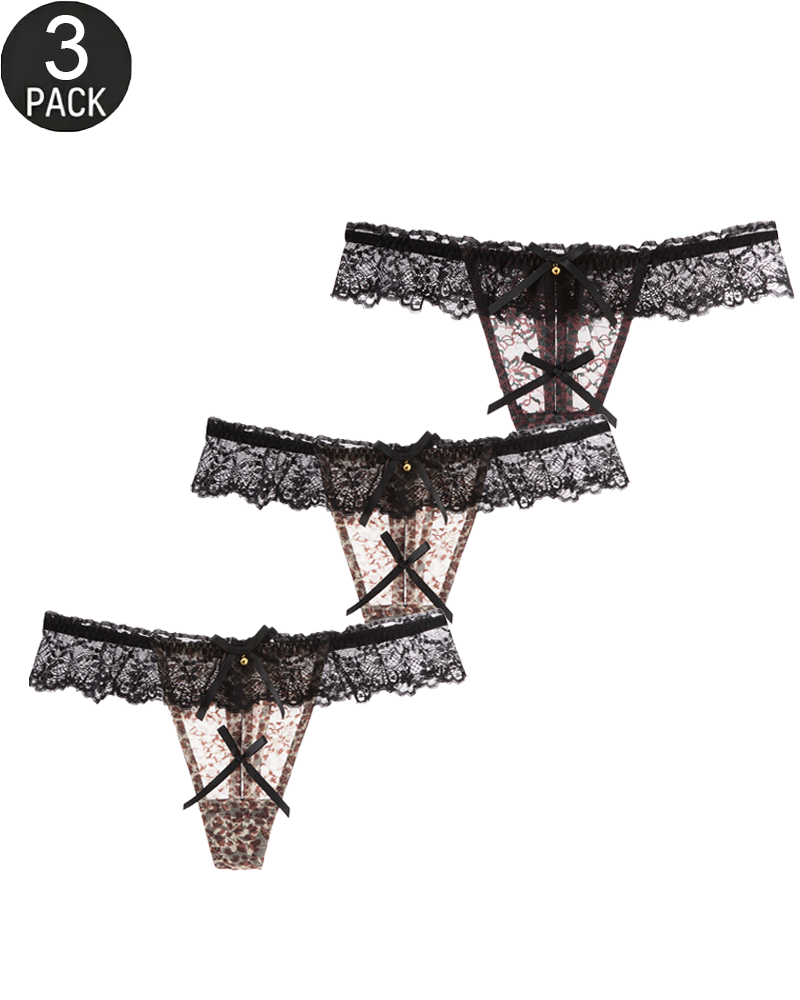 Lot de 3 strings sexy à imprimé léopard, bordure en dentelle et ornements en forme de cloche