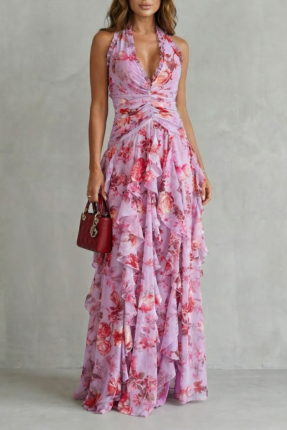 Robe longue à fleurs avec encolure dos nu