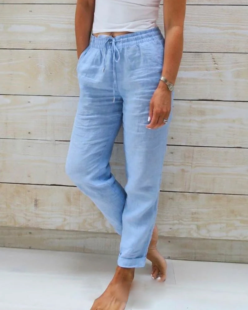 Pantalon droit décontracté en coton et lin
