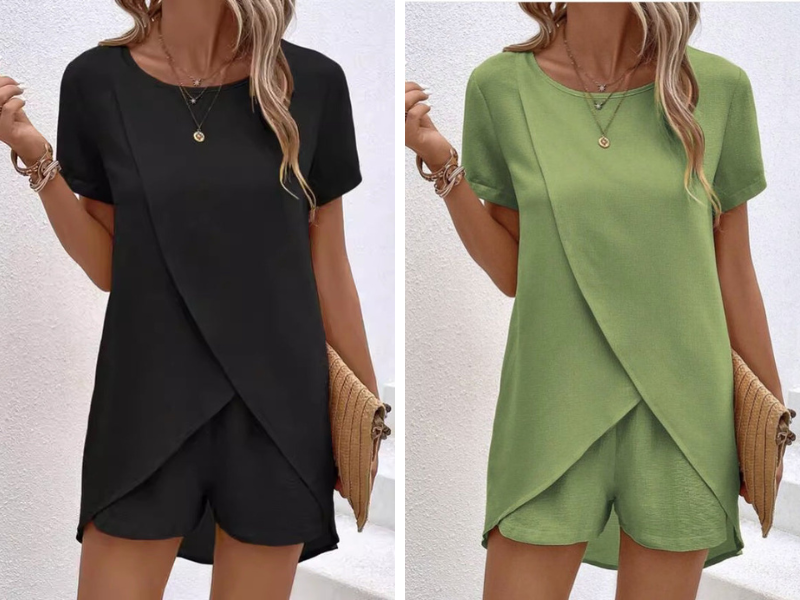 Sett med asymmetrisk hudfarget topp og ensfarget shorts