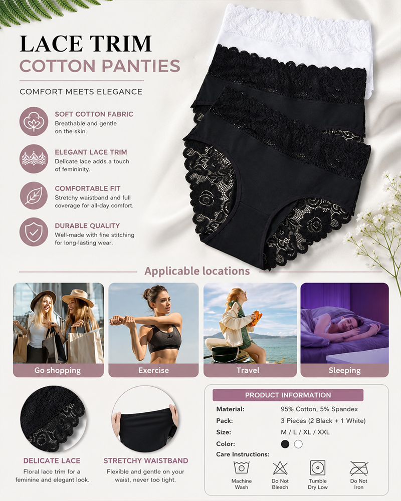 Lote de 5 bragas sexis de encaje floral, elásticas y transpirables
