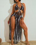 Bikini sexy amb estampat contrastant i detall de anell, amb faldilla maxi de platja