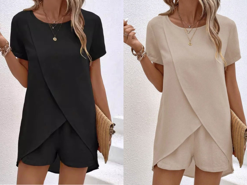 Sett med asymmetrisk hudfarget topp og ensfarget shorts