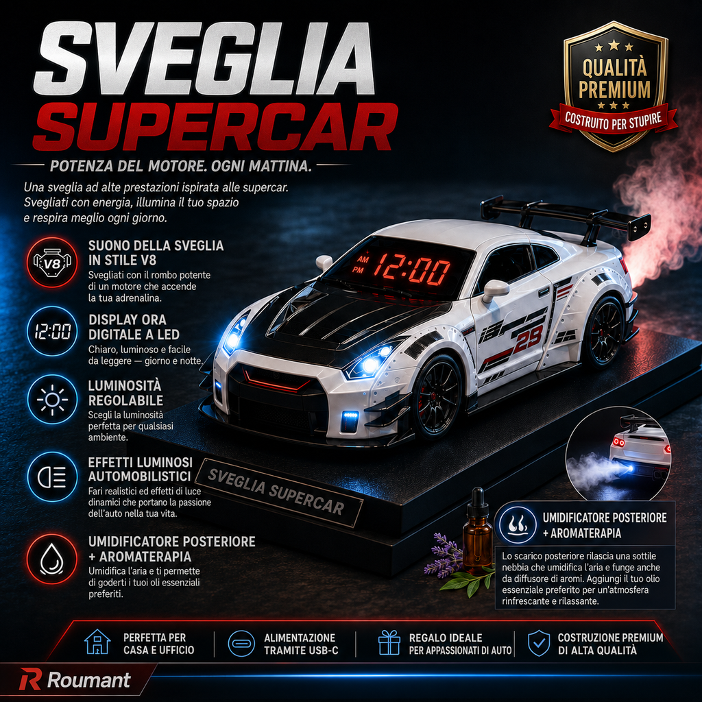 Sveglia auto sportiva con suono del motore V8 e umidificatore