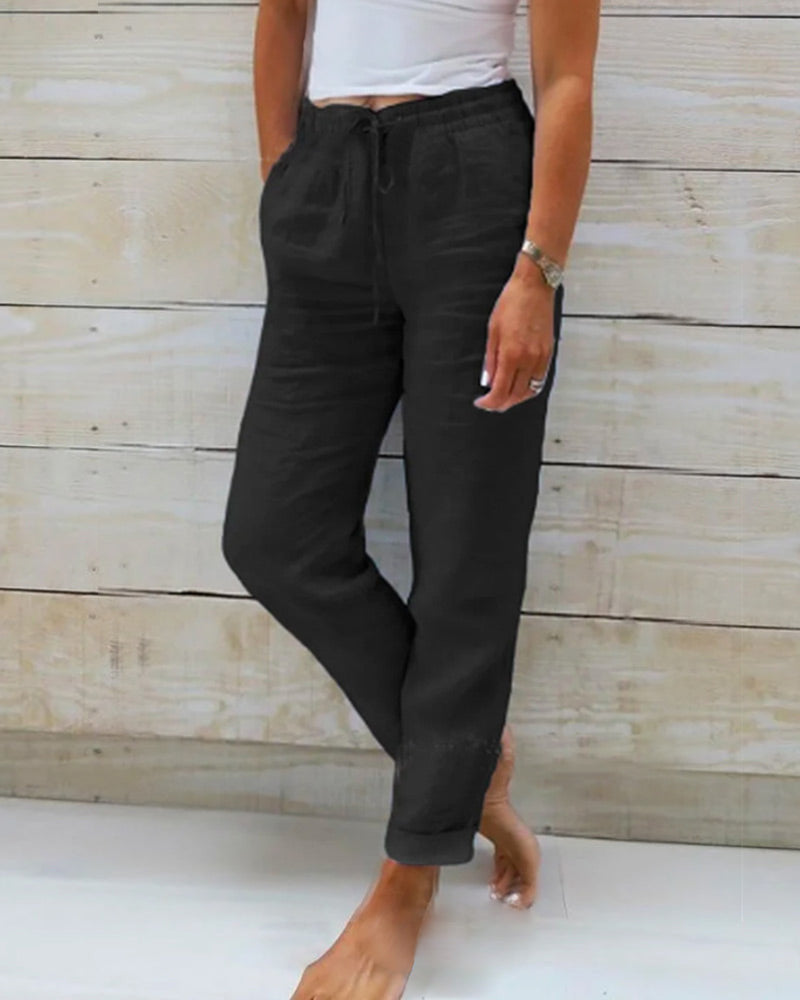 Pantalon droit décontracté en coton et lin