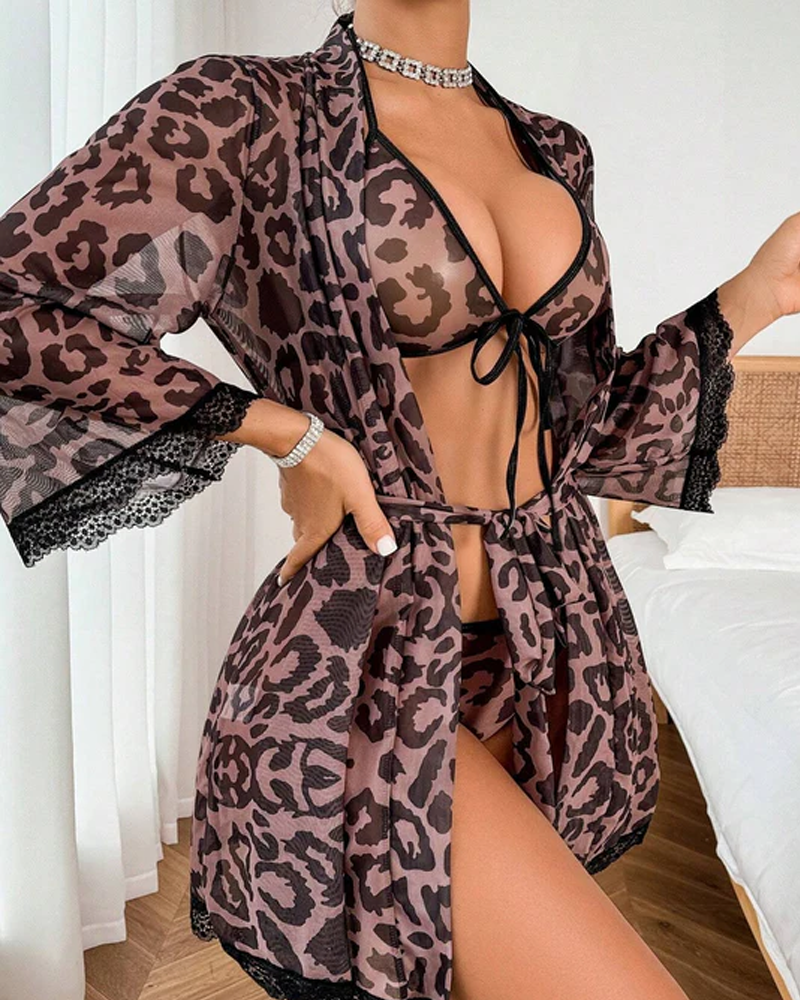 Sexy bikini-sett med leopardprint og spaghettistropper