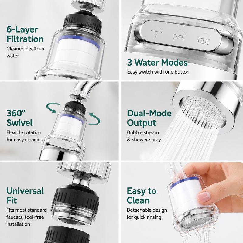 1 unitat, filtre aerador giratori de 360° per a grif, filtració de 6 capes, 3 modes d'aigua, sense espolgues 💧