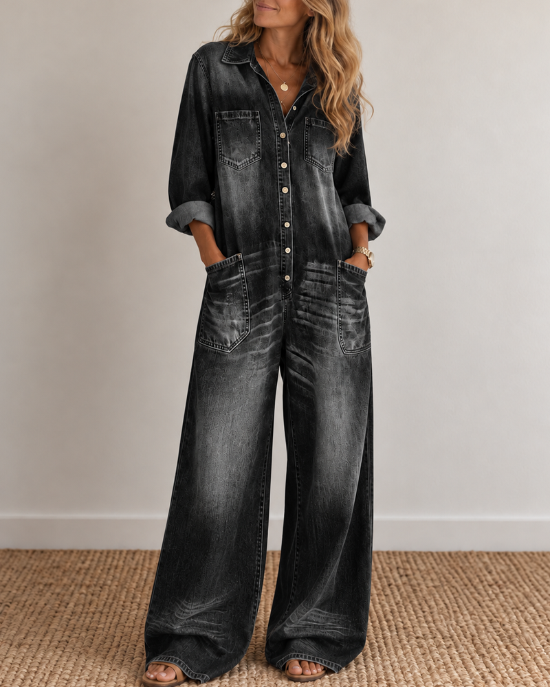 Tuta in denim a camicia abbottonata con gambe larghe