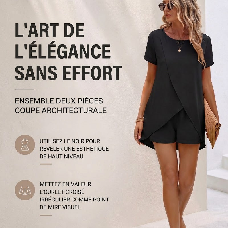 Sett med asymmetrisk hudfarget topp og ensfarget shorts