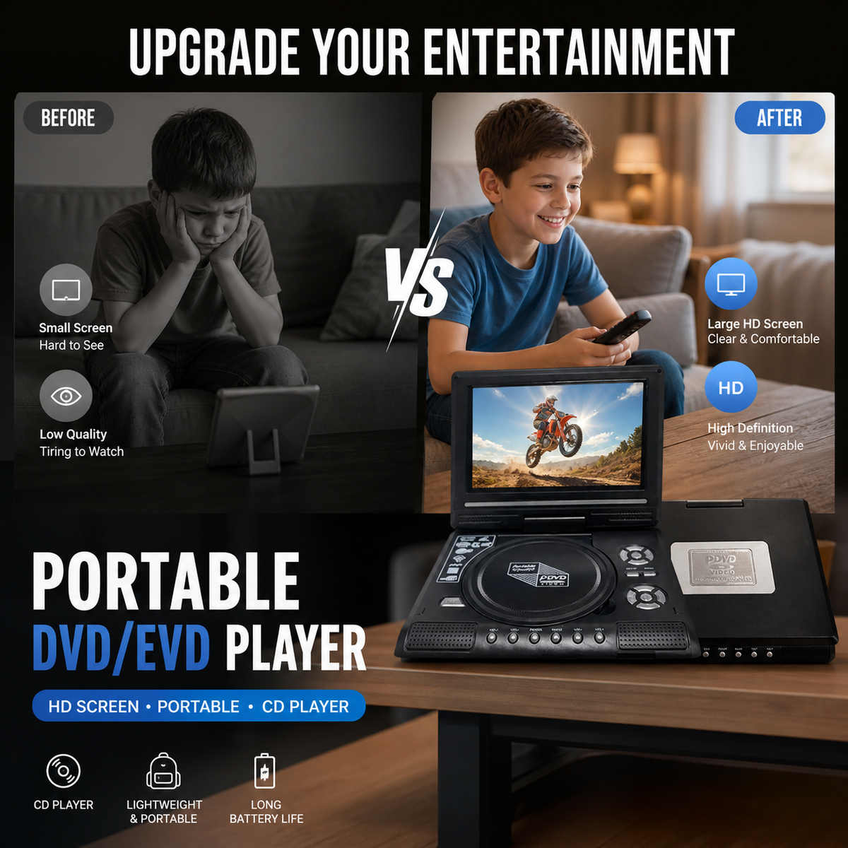 📺 Lettore DVD/EVD portatile HD da 7,8" – Schermo ampio, ricaricabile e compatibile con DVD/CD/USB/SD – Perfetto per casa e in viaggio 🔥 50% DI SCONTO