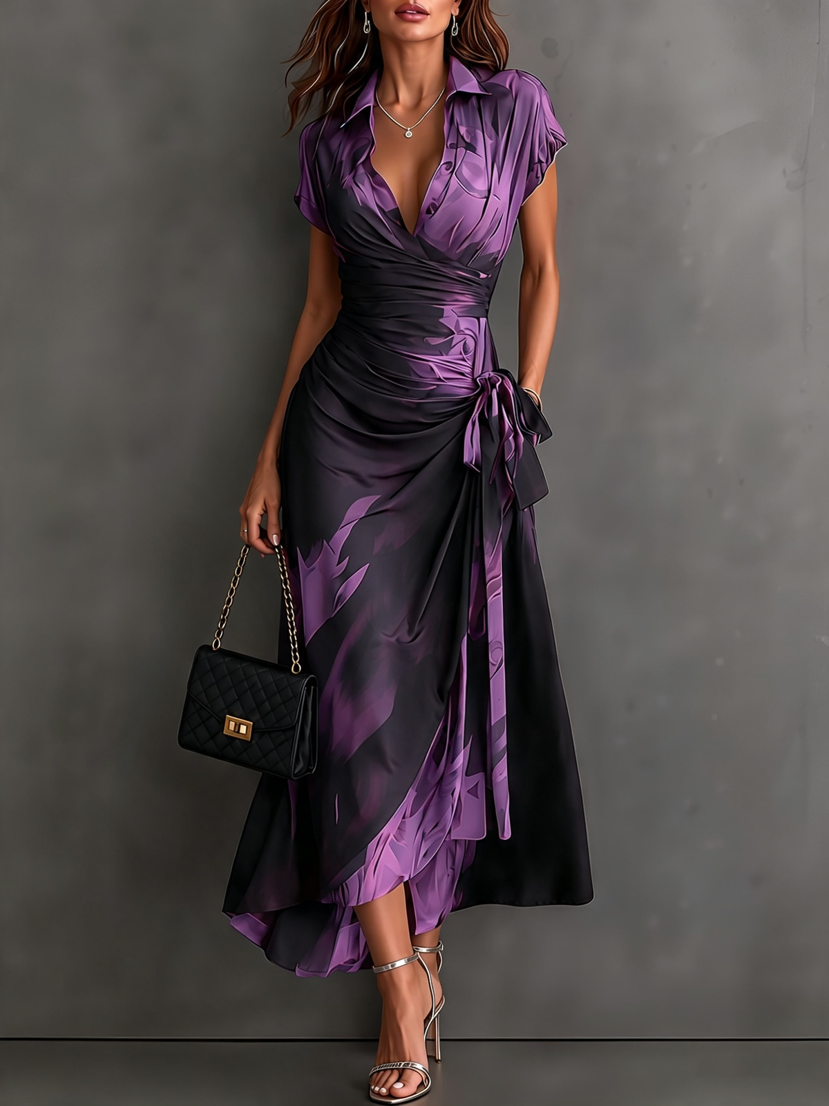 Vestit midi creuat amb estampat abstracte vermell i negre