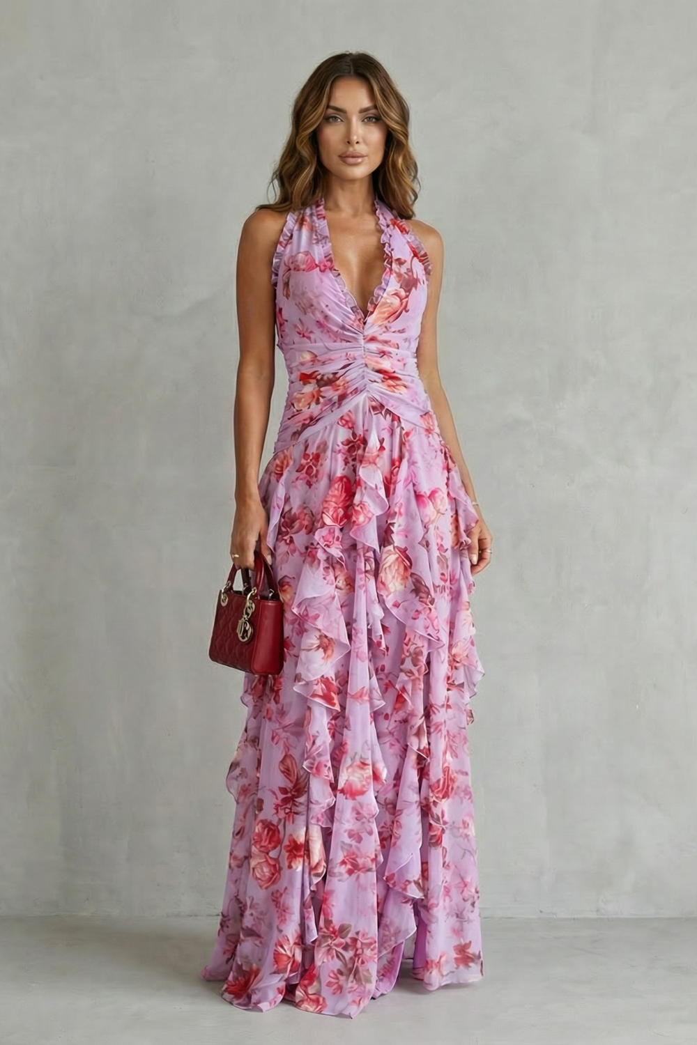 Robe longue à fleurs avec encolure dos nu