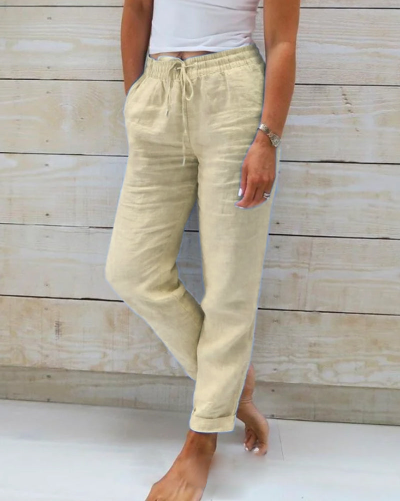 Pantalon droit décontracté en coton et lin