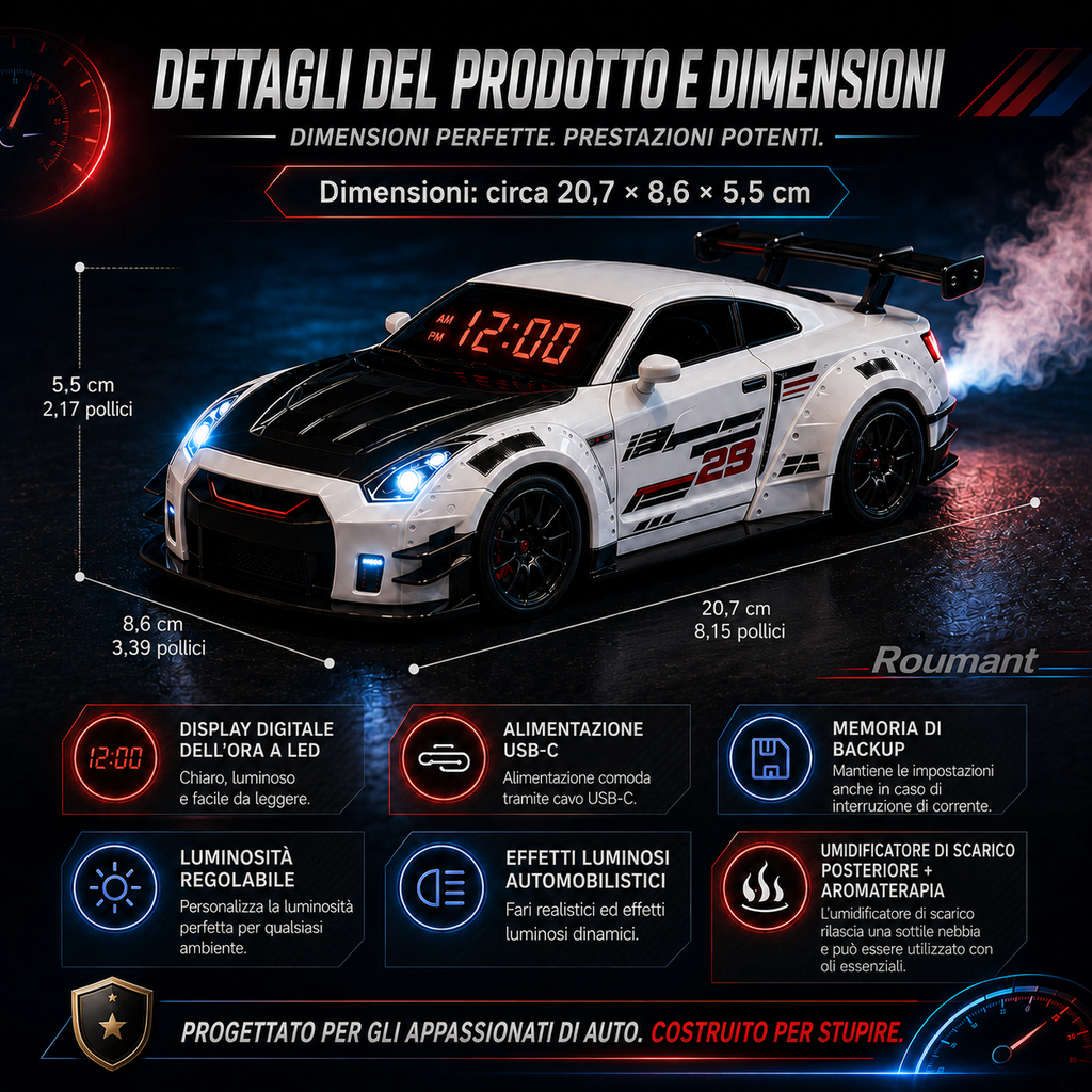 Sveglia auto sportiva con suono del motore V8 e umidificatore