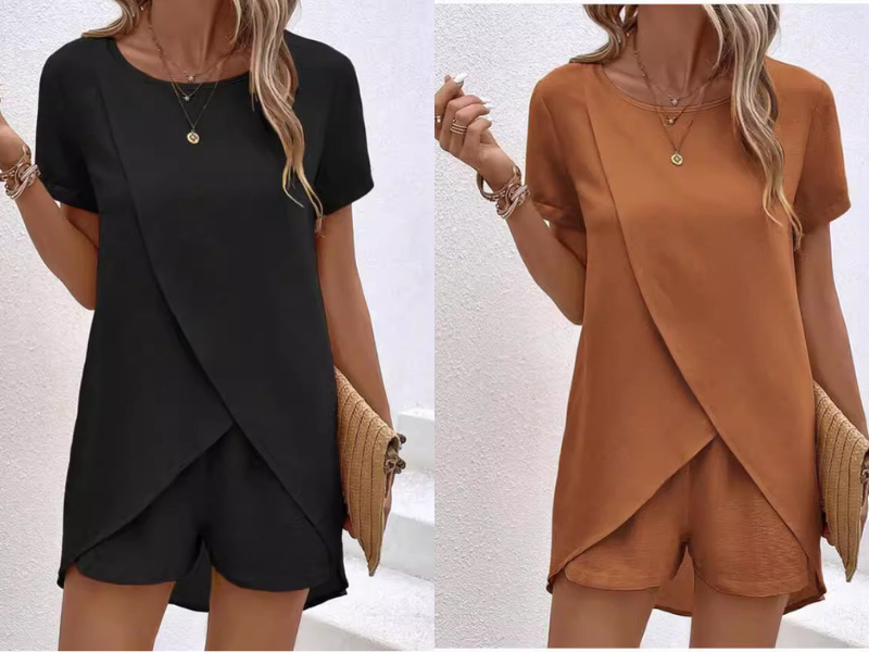 Sett med asymmetrisk hudfarget topp og ensfarget shorts