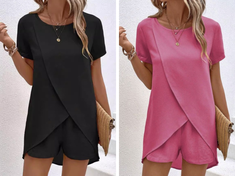 Sett med asymmetrisk hudfarget topp og ensfarget shorts