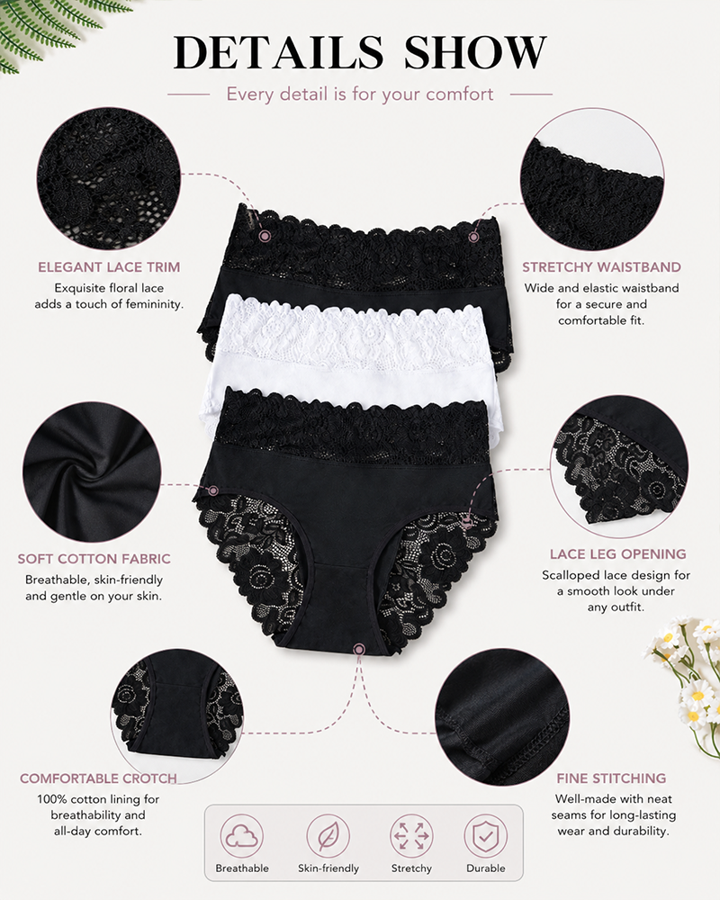 Lote de 5 bragas sexis de encaje floral, elásticas y transpirables
