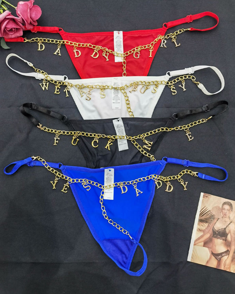 Braguita sexy amb cadena daurada i lletres de strass